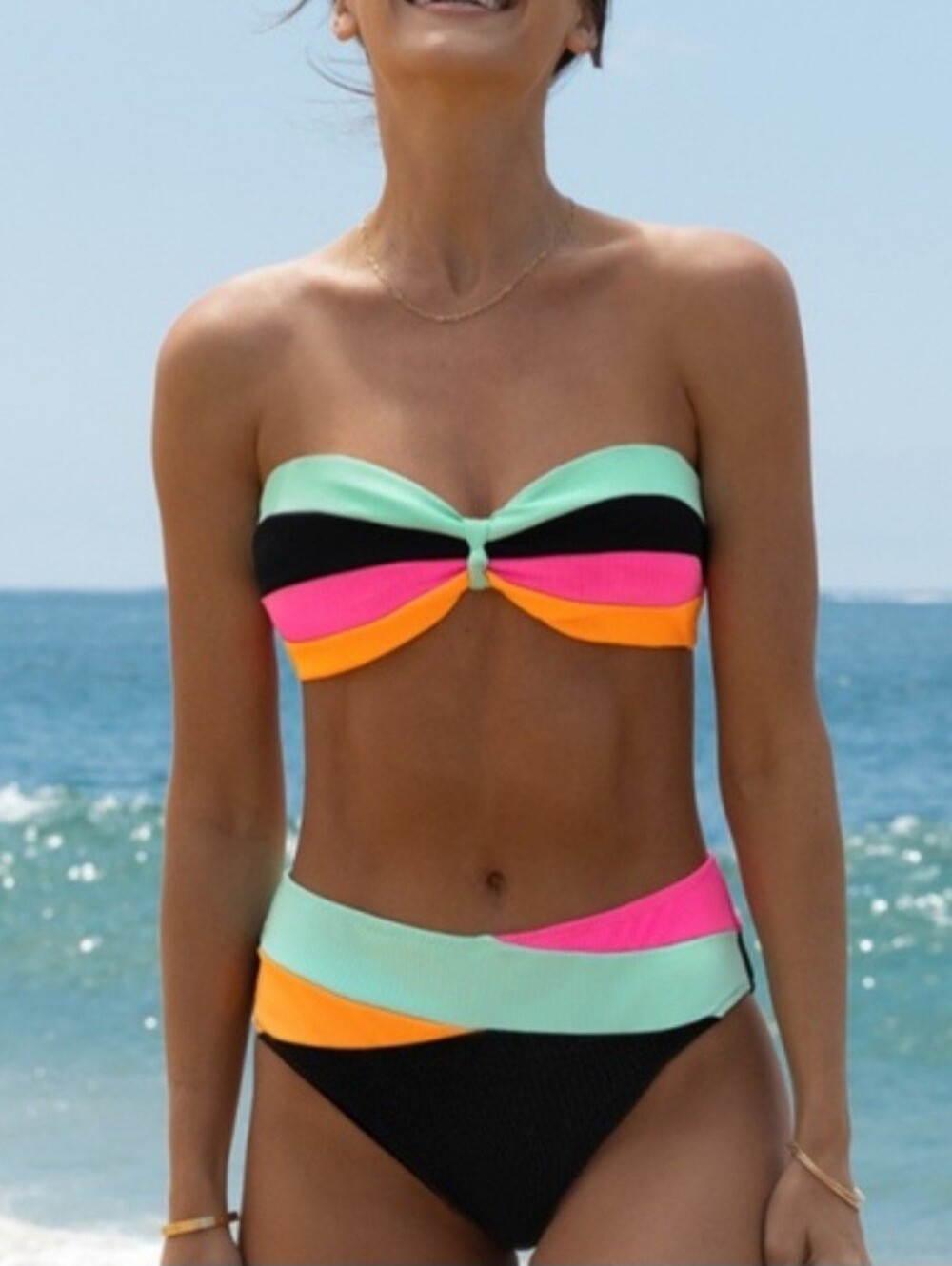 NWT Popvil Colorblock High-Waist Bikini Set - Mint, Black, Pink & Orange M
